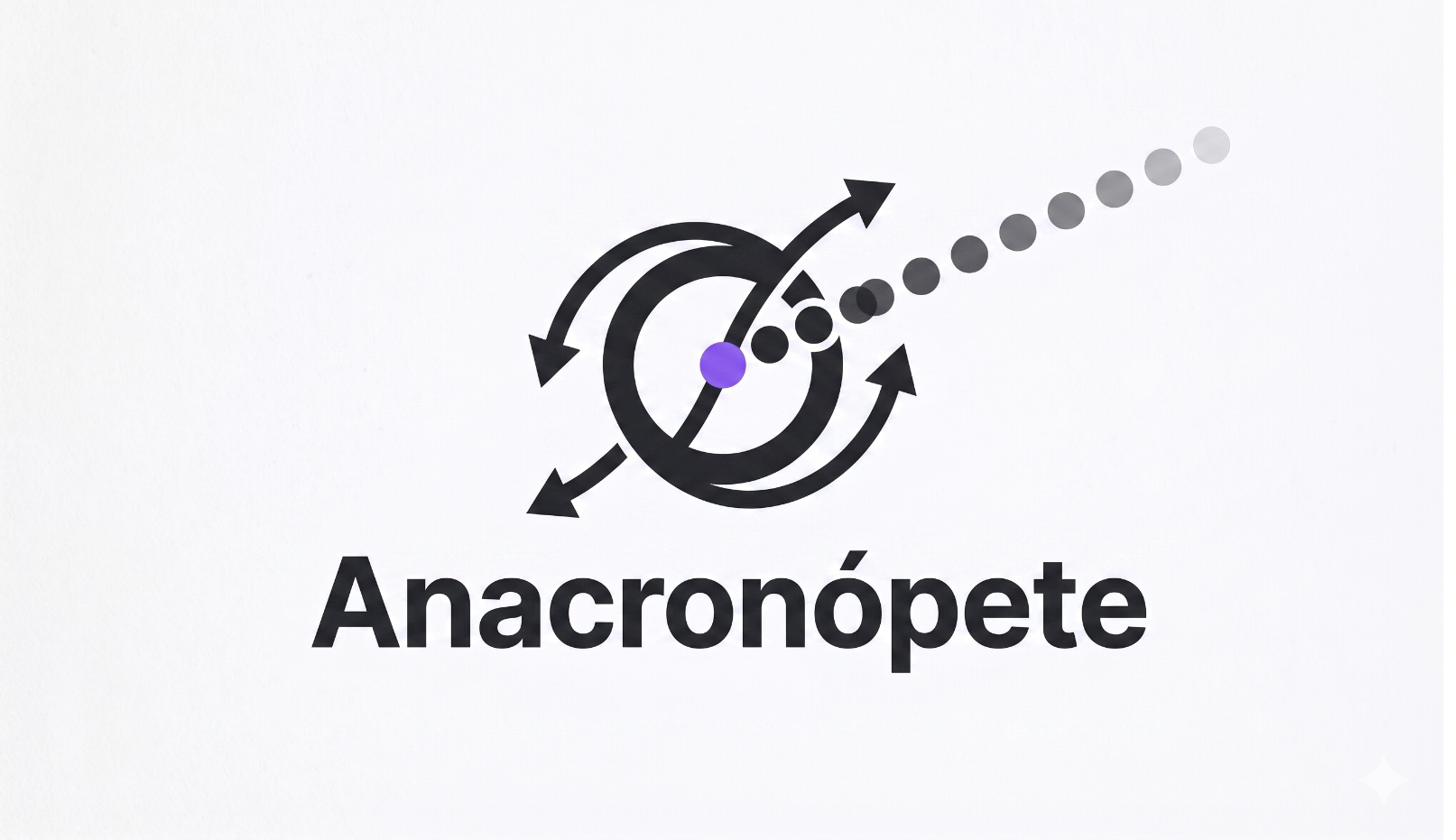 Logotipo Anacronópete — símbolo de órbita com ponto violeta e rastro de pontos cinza
